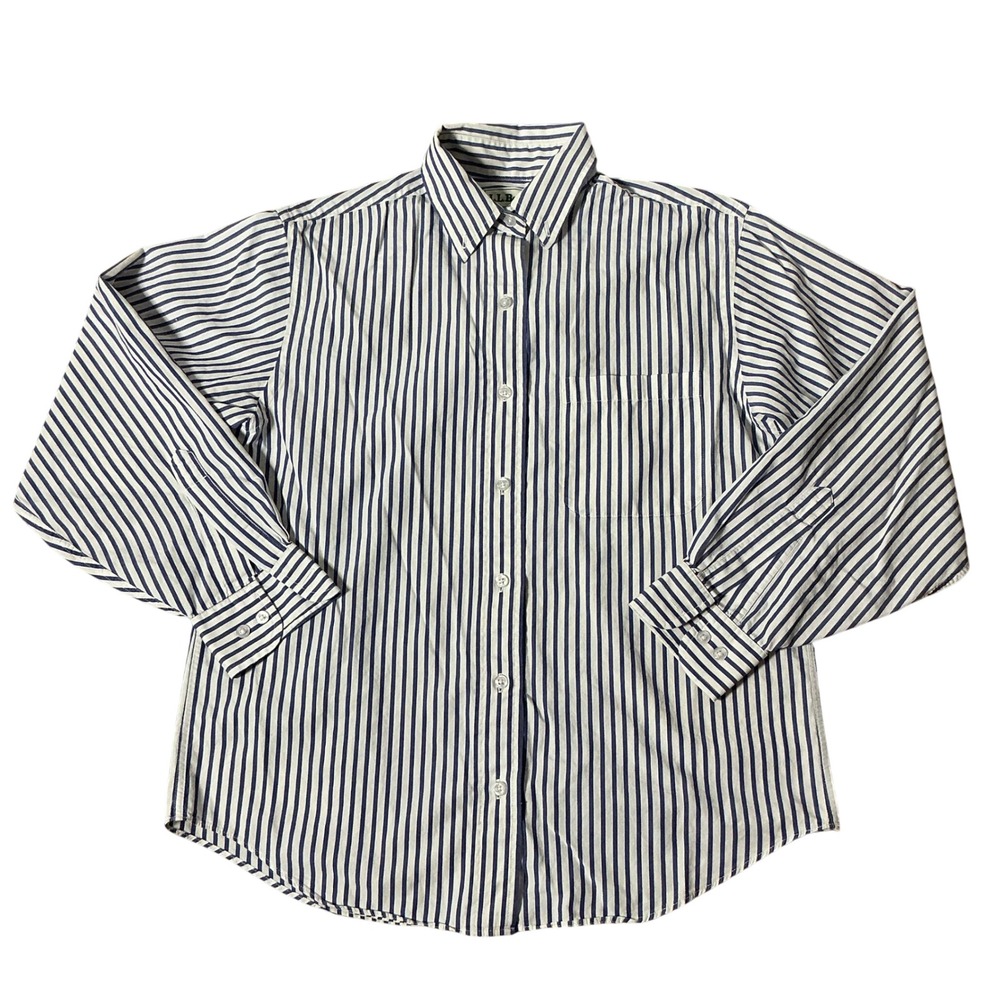 LL Bean Womens Small Fisherman Striped Cotton Button Down Shirt Long Sleeve P514